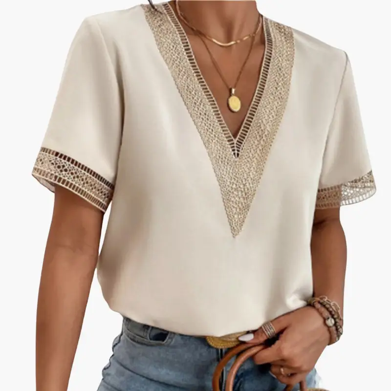Women’s Lace Overlay Blouse with V-Neck and Short Sleeves – Hip-Length Top