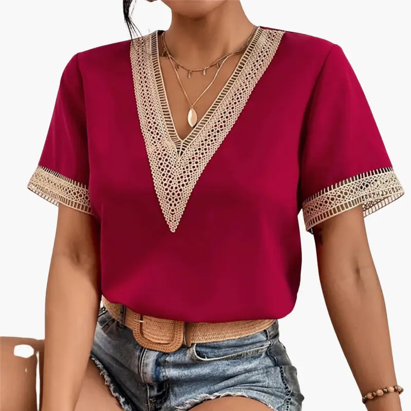Women’s Lace Overlay Blouse with V-Neck and Short Sleeves – Hip-Length Top