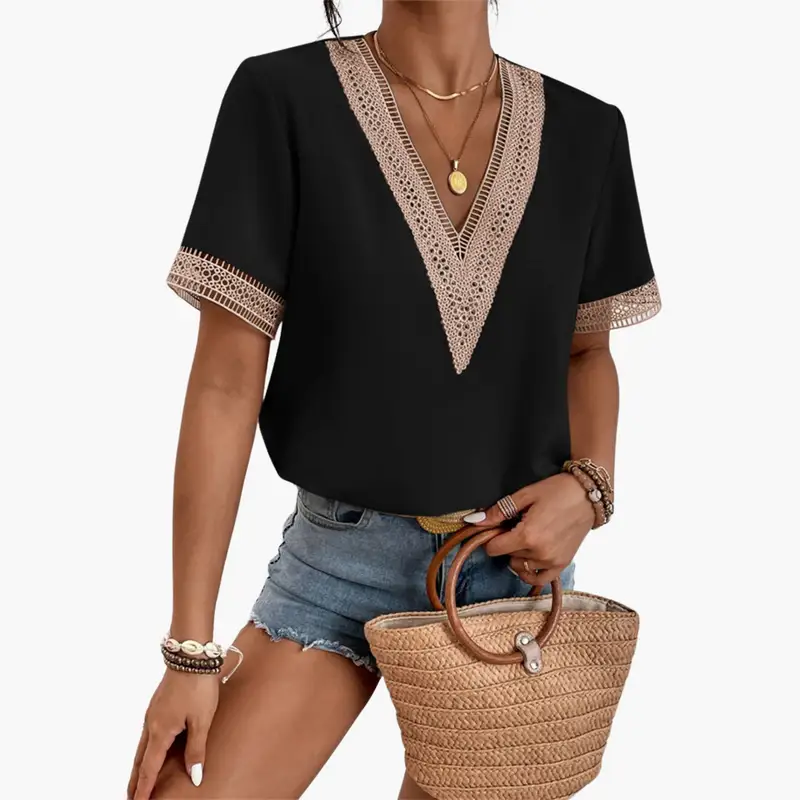 Women’s Lace Overlay Blouse with V-Neck and Short Sleeves – Hip-Length Top