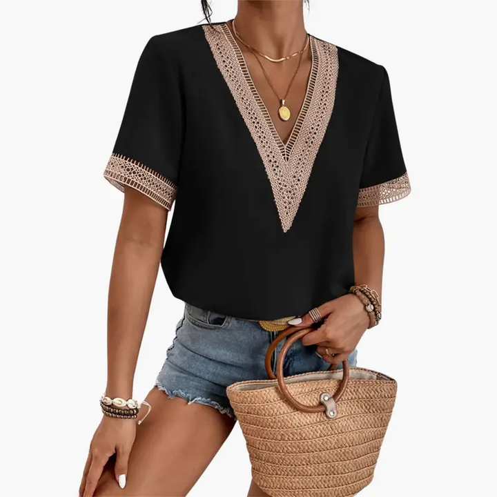 Women’s Lace Overlay Blouse with V-Neck and Short Sleeves – Hip-Length Top