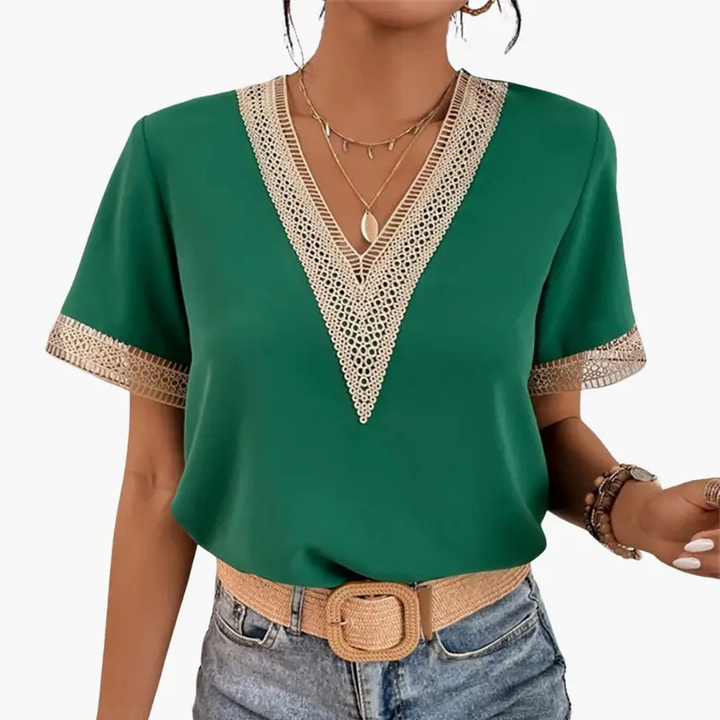 Women’s Lace Overlay Blouse with V-Neck and Short Sleeves – Hip-Length Top