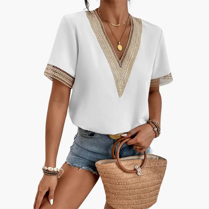 Women’s Lace Overlay Blouse with V-Neck and Short Sleeves – Hip-Length Top