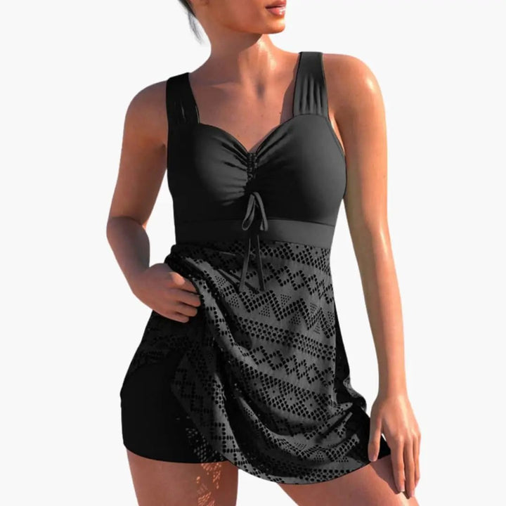 Women’s Lace Swim Dress with Padded Cups and Ruched Front