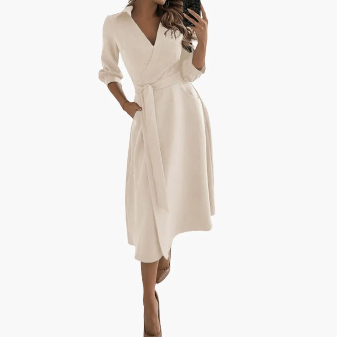 Women’s Lapel Collar Midi Dress with Split Hem - Waist Bow and Long Sleeves