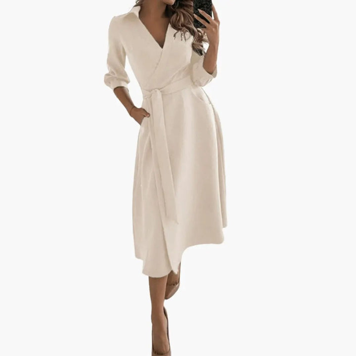Women’s Lapel Collar Midi Dress with Split Hem - Waist Bow and Long Sleeves