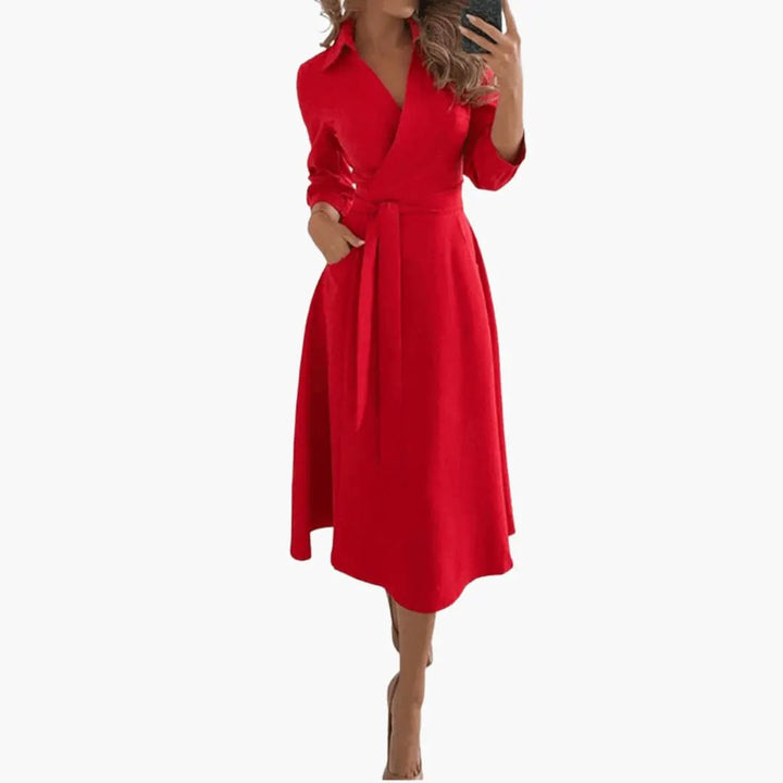 Women’s Lapel Collar Midi Dress with Split Hem - Waist Bow and Long Sleeves