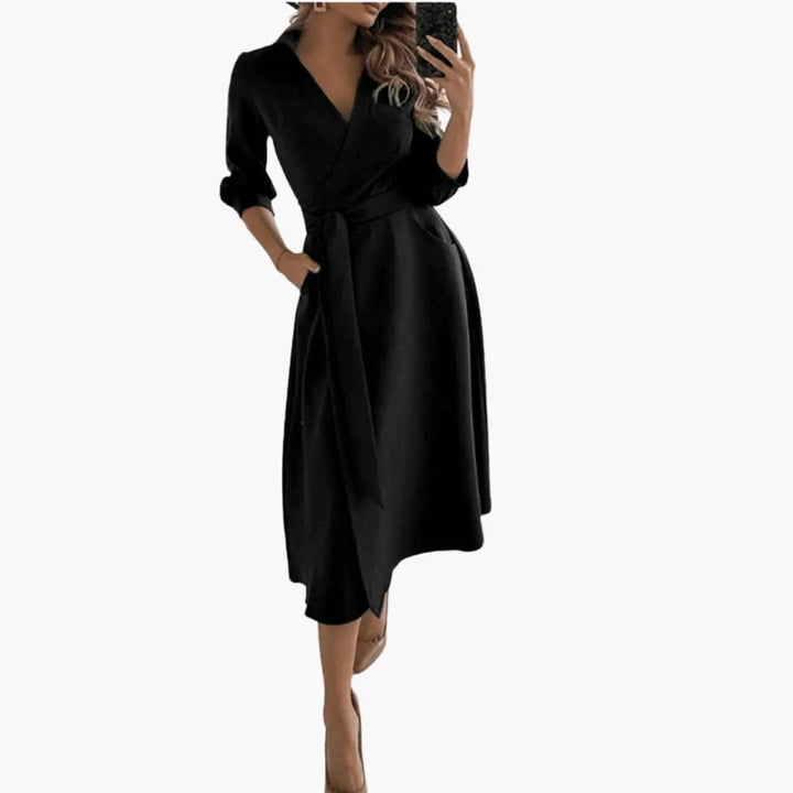 Women’s Lapel Collar Midi Dress with Split Hem - Waist Bow and Long Sleeves