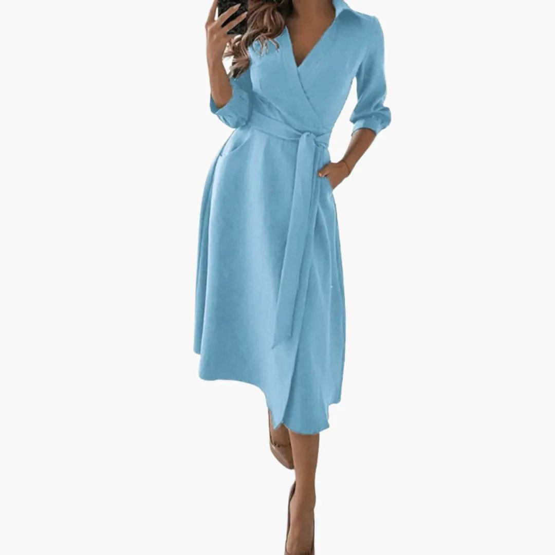Women’s Lapel Collar Midi Dress with Split Hem - Waist Bow and Long Sleeves