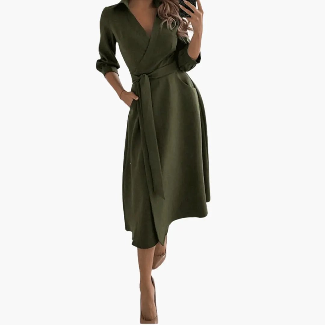 Women’s Lapel Collar Midi Dress with Split Hem - Waist Bow and Long Sleeves