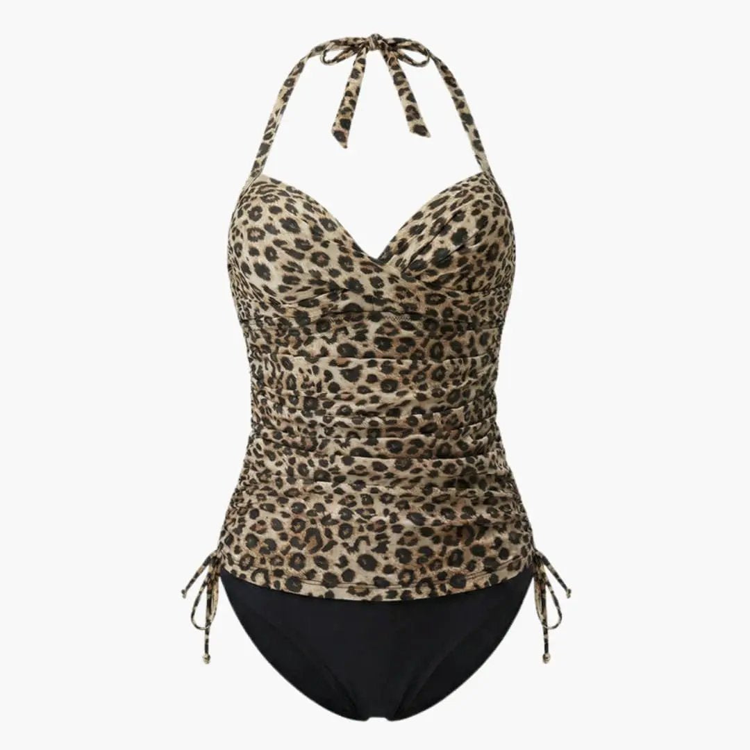 Women’s Leopard V-Neck Tankini Set with Belted High-Waist Bottom