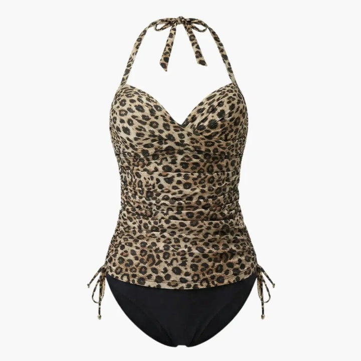 Women’s Leopard V-Neck Tankini Set with Belted High-Waist Bottom