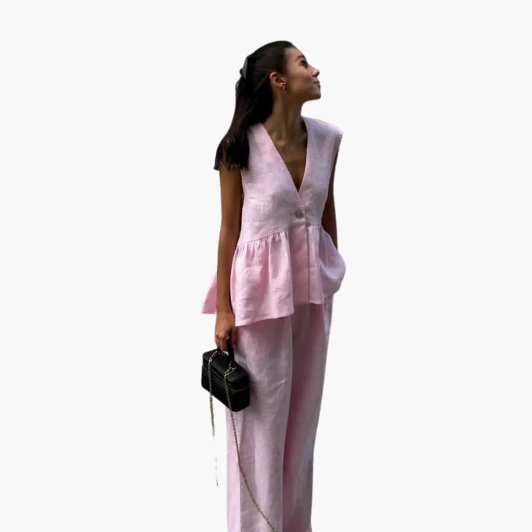 Women’s Linen Deep V-Neck Top and Wide Leg Pants Set – Two-Piece Outfit
