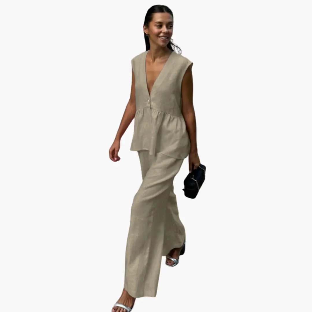 Women’s Linen Deep V-Neck Top and Wide Leg Pants Set – Two-Piece Outfit