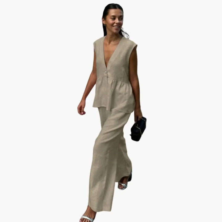 Women’s Linen Deep V-Neck Top and Wide Leg Pants Set – Two-Piece Outfit