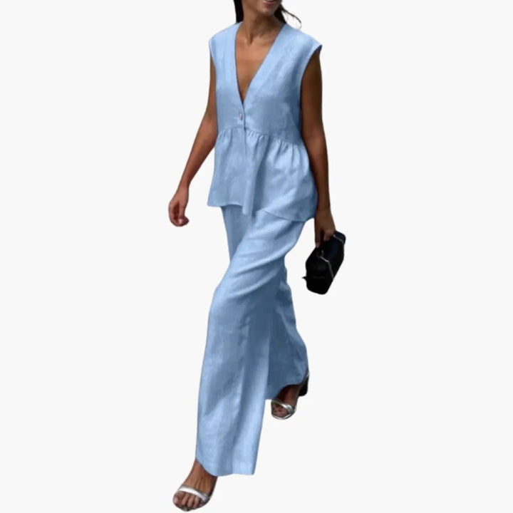 Women’s Linen Deep V-Neck Top and Wide Leg Pants Set – Two-Piece Outfit