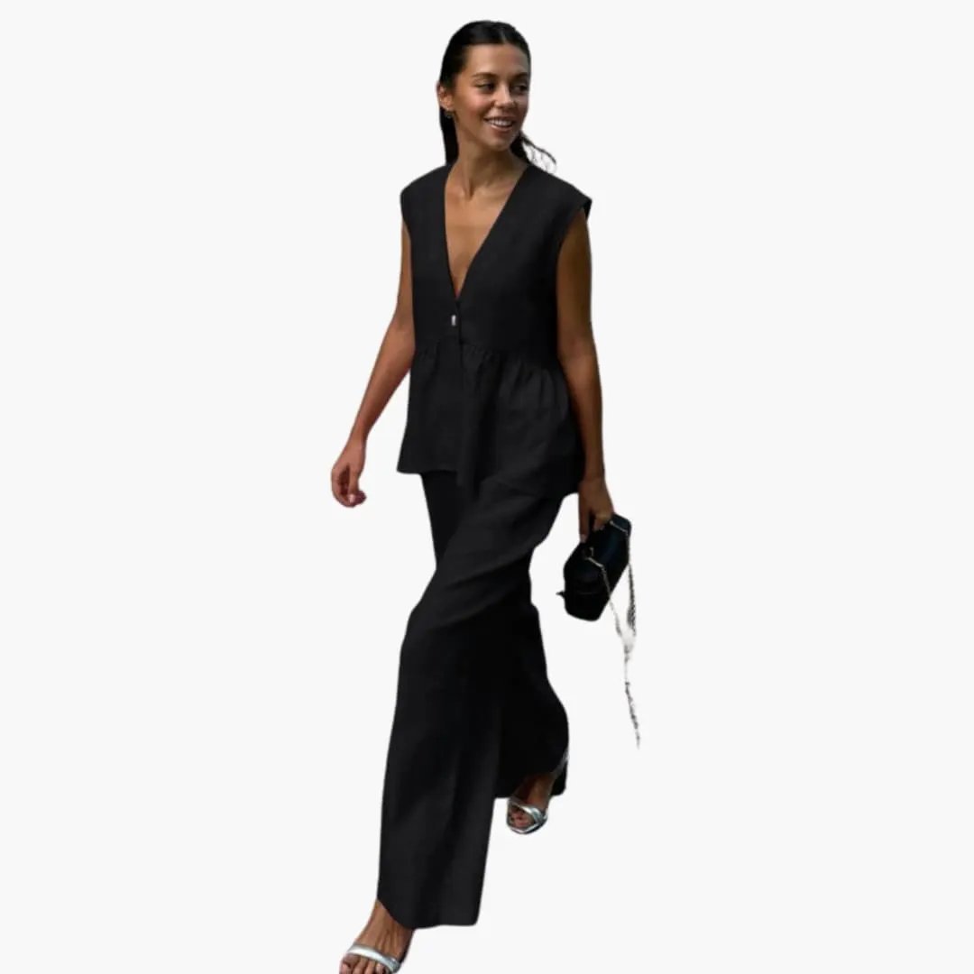 Women’s Linen Deep V-Neck Top and Wide Leg Pants Set – Two-Piece Outfit