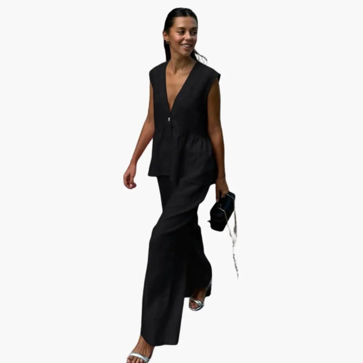 Women’s Linen Deep V-Neck Top and Wide Leg Pants Set – Two-Piece Outfit