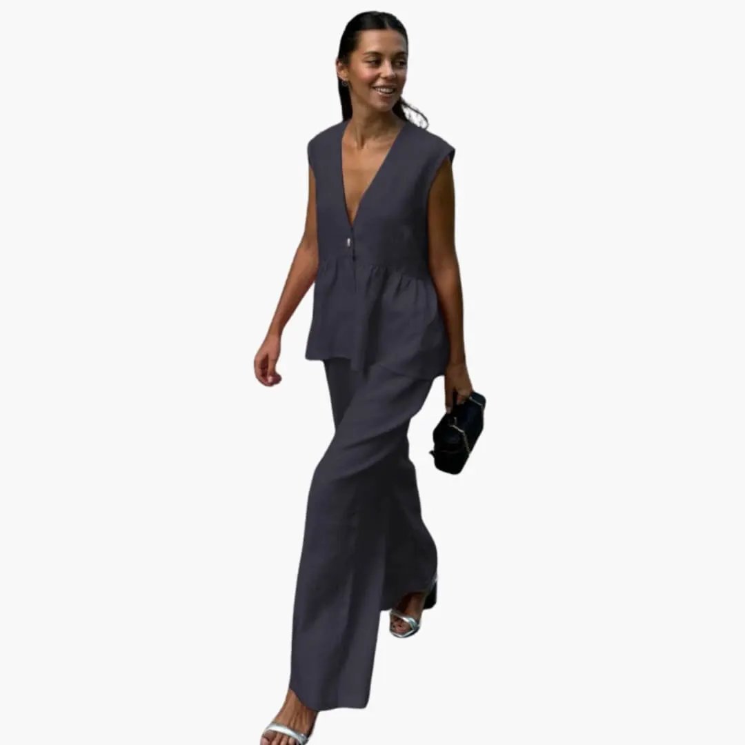 Women’s Linen Deep V-Neck Top and Wide Leg Pants Set – Two-Piece Outfit