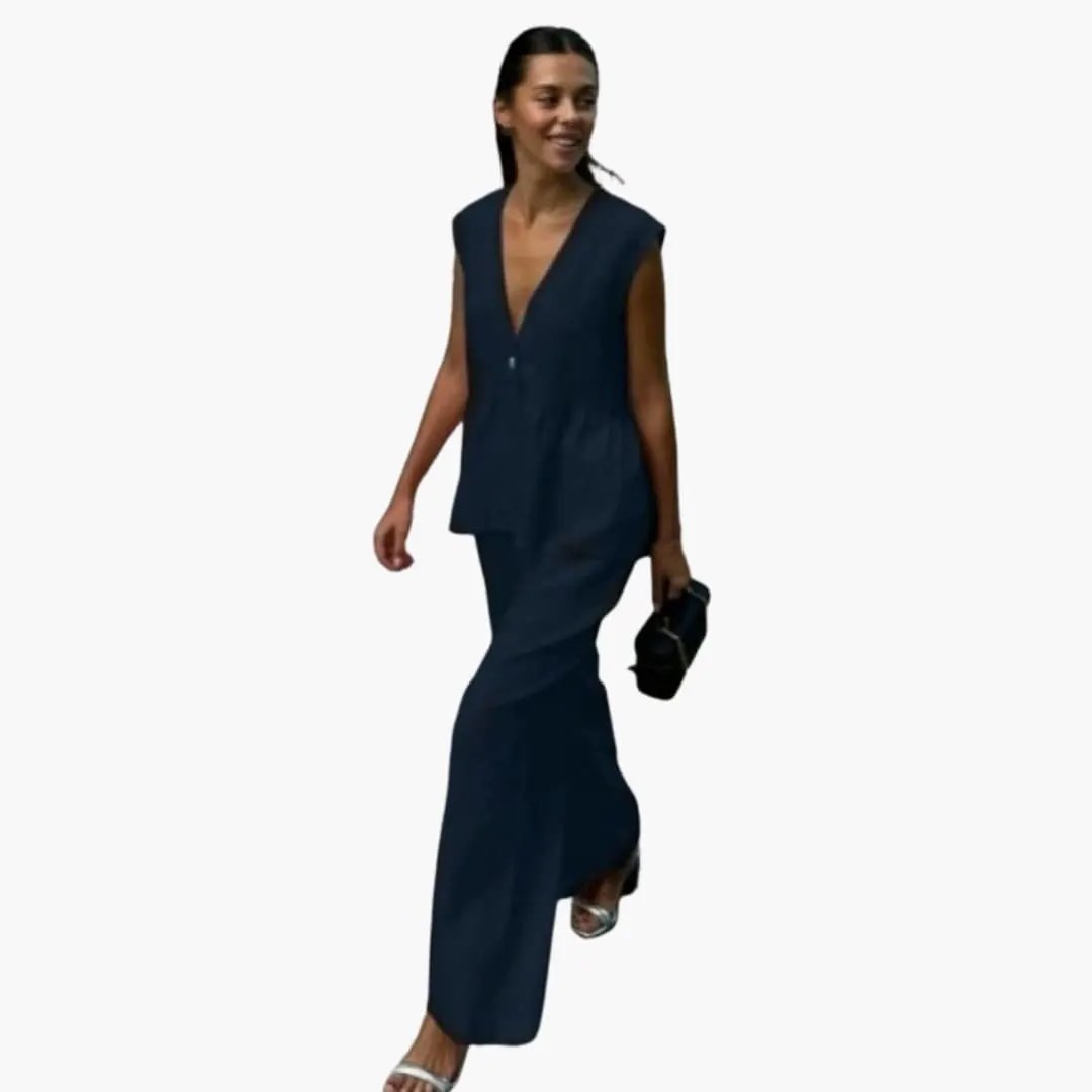 Women’s Linen Deep V-Neck Top and Wide Leg Pants Set – Two-Piece Outfit