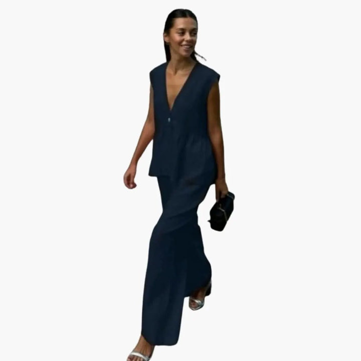 Women’s Linen Deep V-Neck Top and Wide Leg Pants Set – Two-Piece Outfit