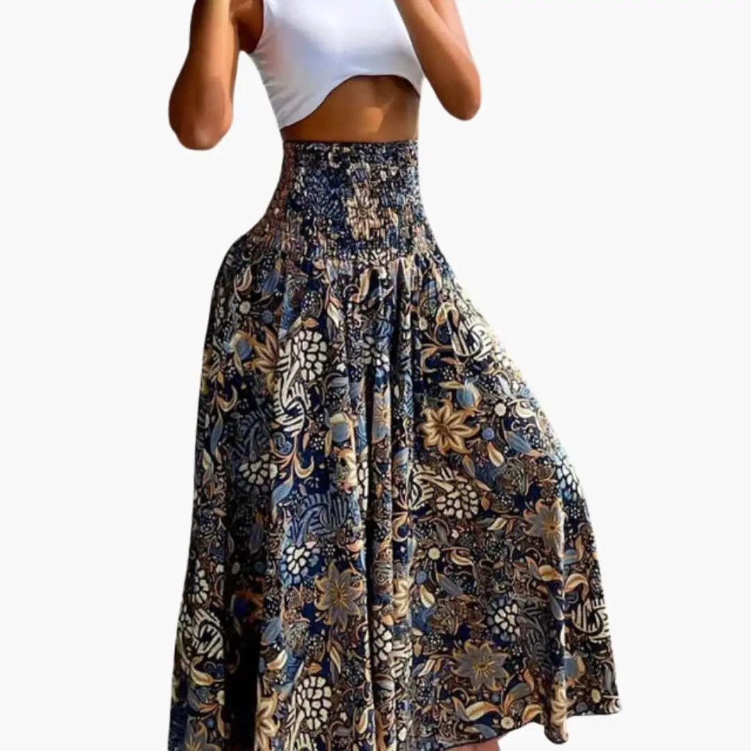 Women's Long A-Line Skirt with Elastic Waistband and Side Pockets