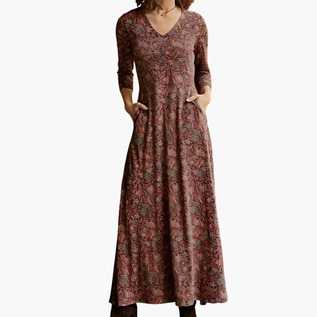 Women’s Long Dress with Retro Pattern and Long Sleeves