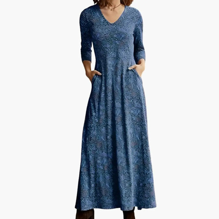 Women’s Long Dress with Retro Pattern and Long Sleeves