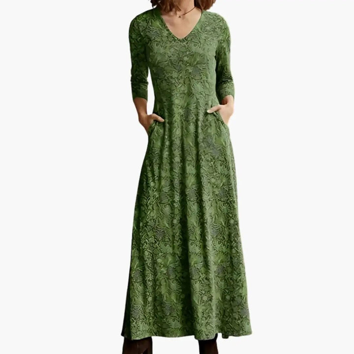 Women’s Long Dress with Retro Pattern and Long Sleeves