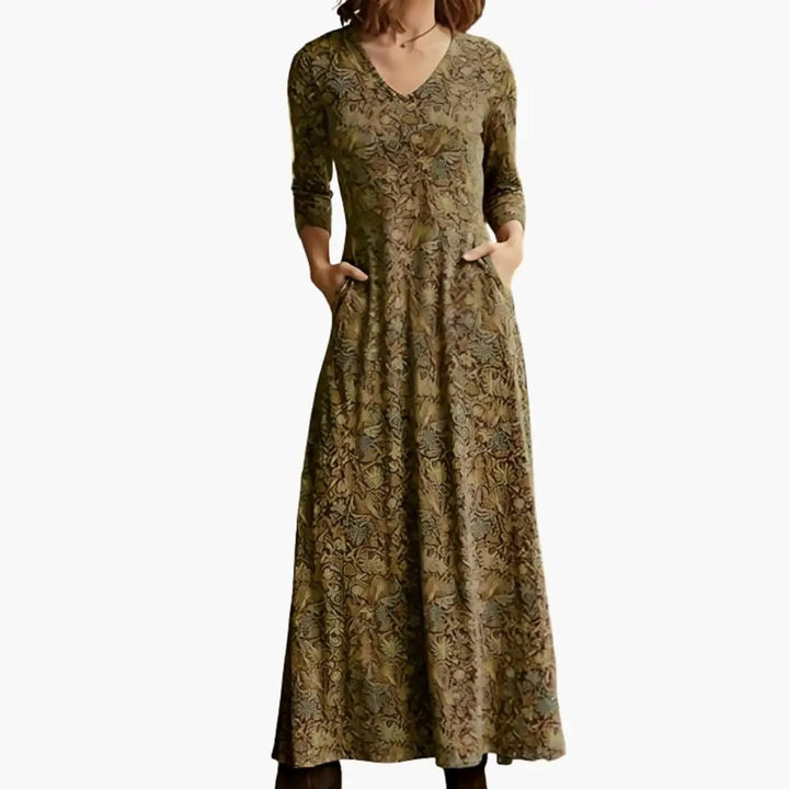 Women’s Long Dress with Retro Pattern and Long Sleeves