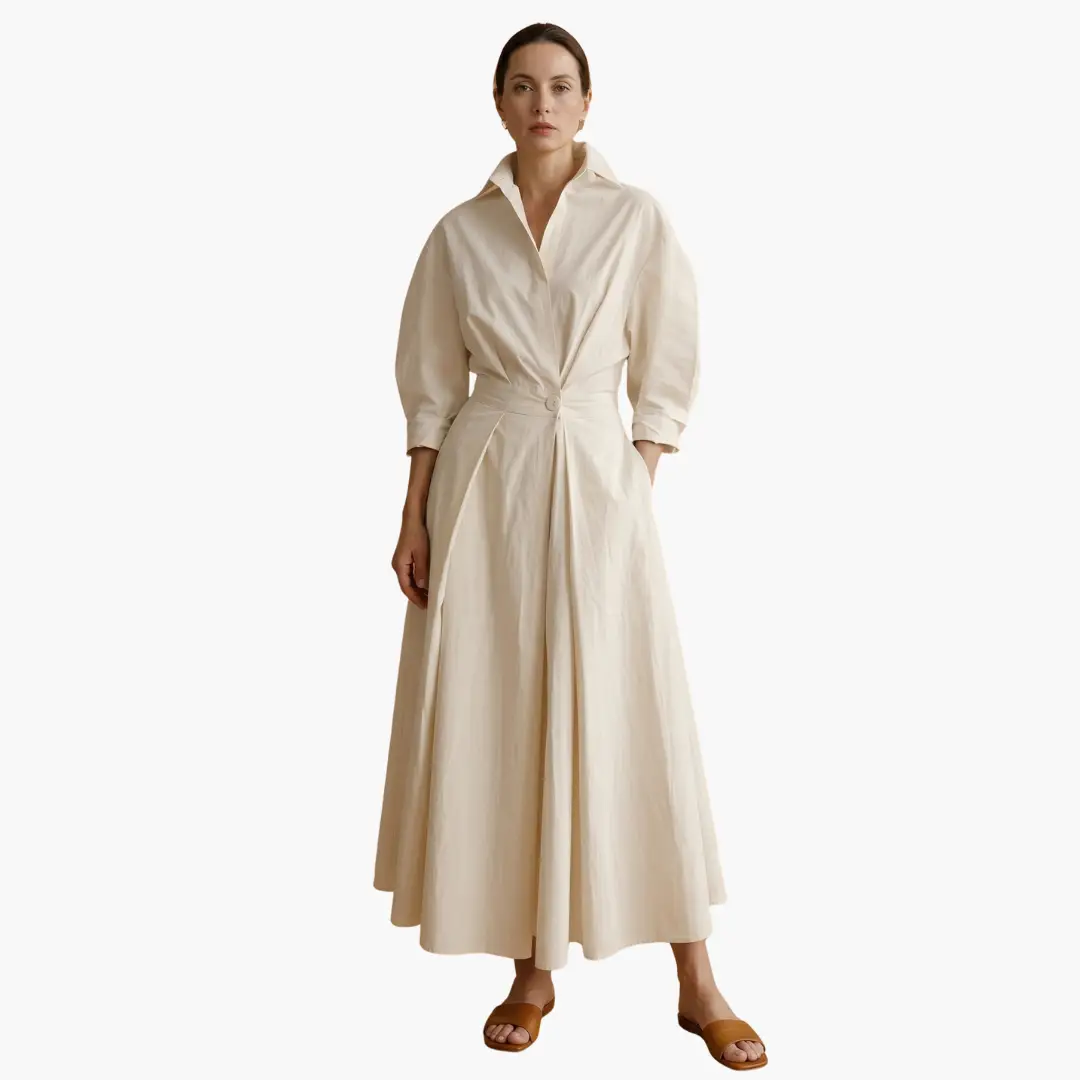 Women’s Long Shirt Dress with Waist Detail and Button Front