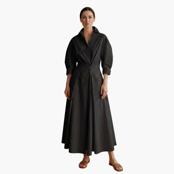 Women’s Long Shirt Dress with Waist Detail and Button Front