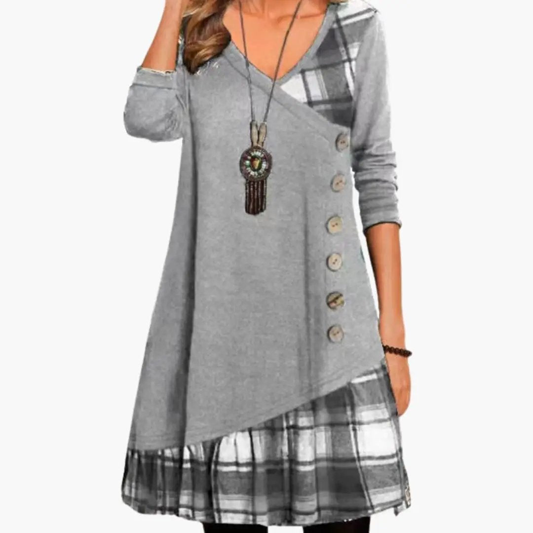 Women’s Long Sleeve Checkered Dress with Round Neckline