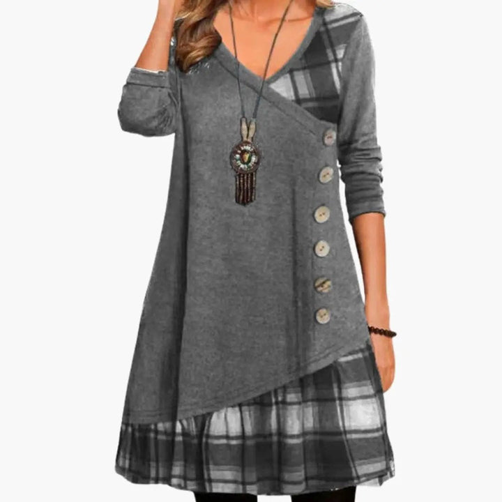 Women’s Long Sleeve Checkered Dress with Round Neckline