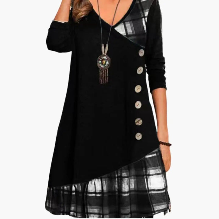 Women’s Long Sleeve Checkered Dress with Round Neckline