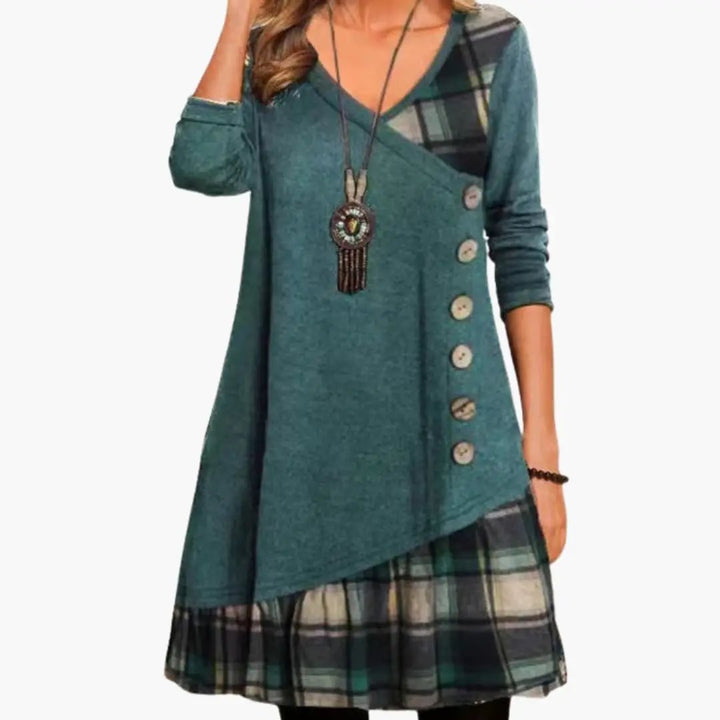 Women’s Long Sleeve Checkered Dress with Round Neckline