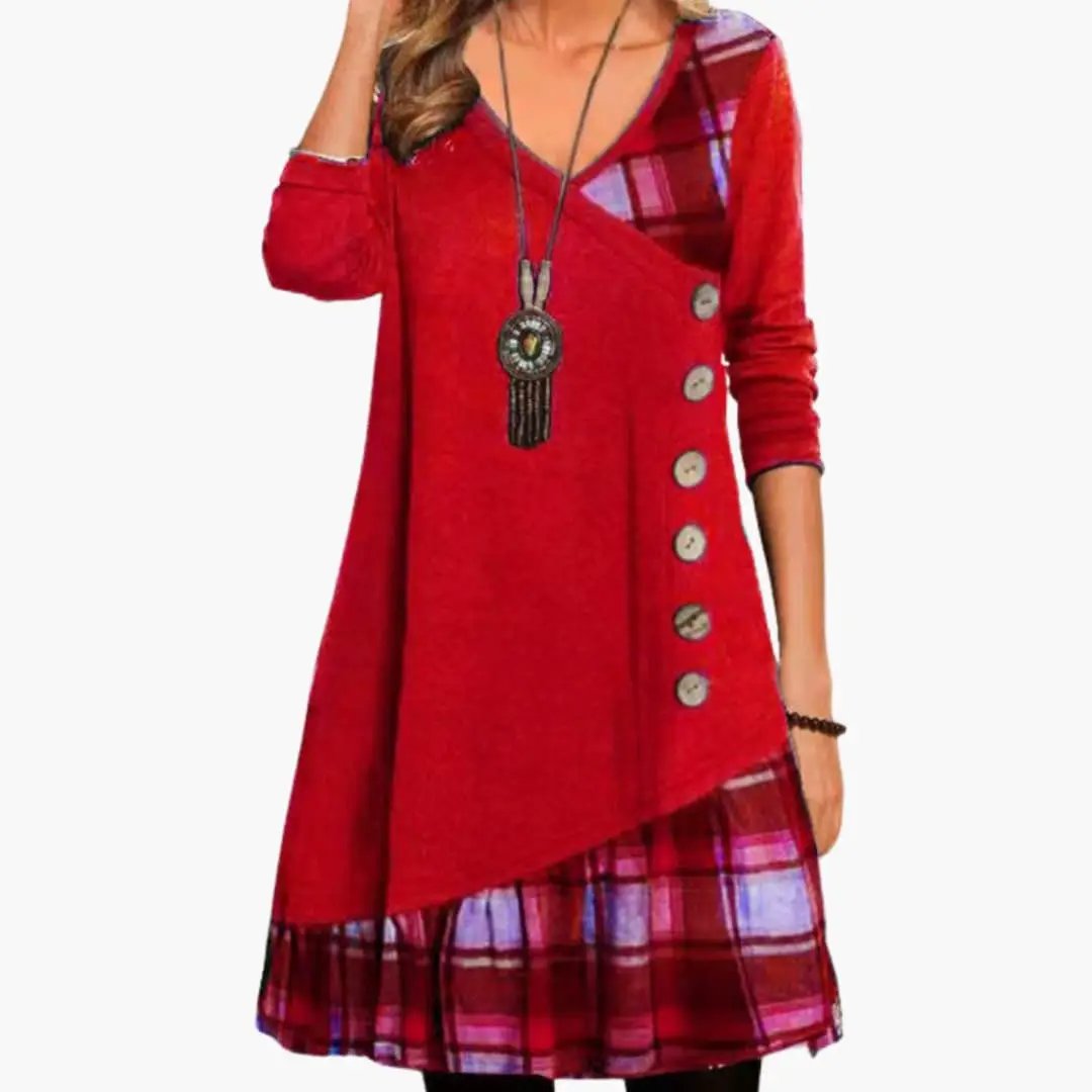 Women’s Long Sleeve Checkered Dress with Round Neckline