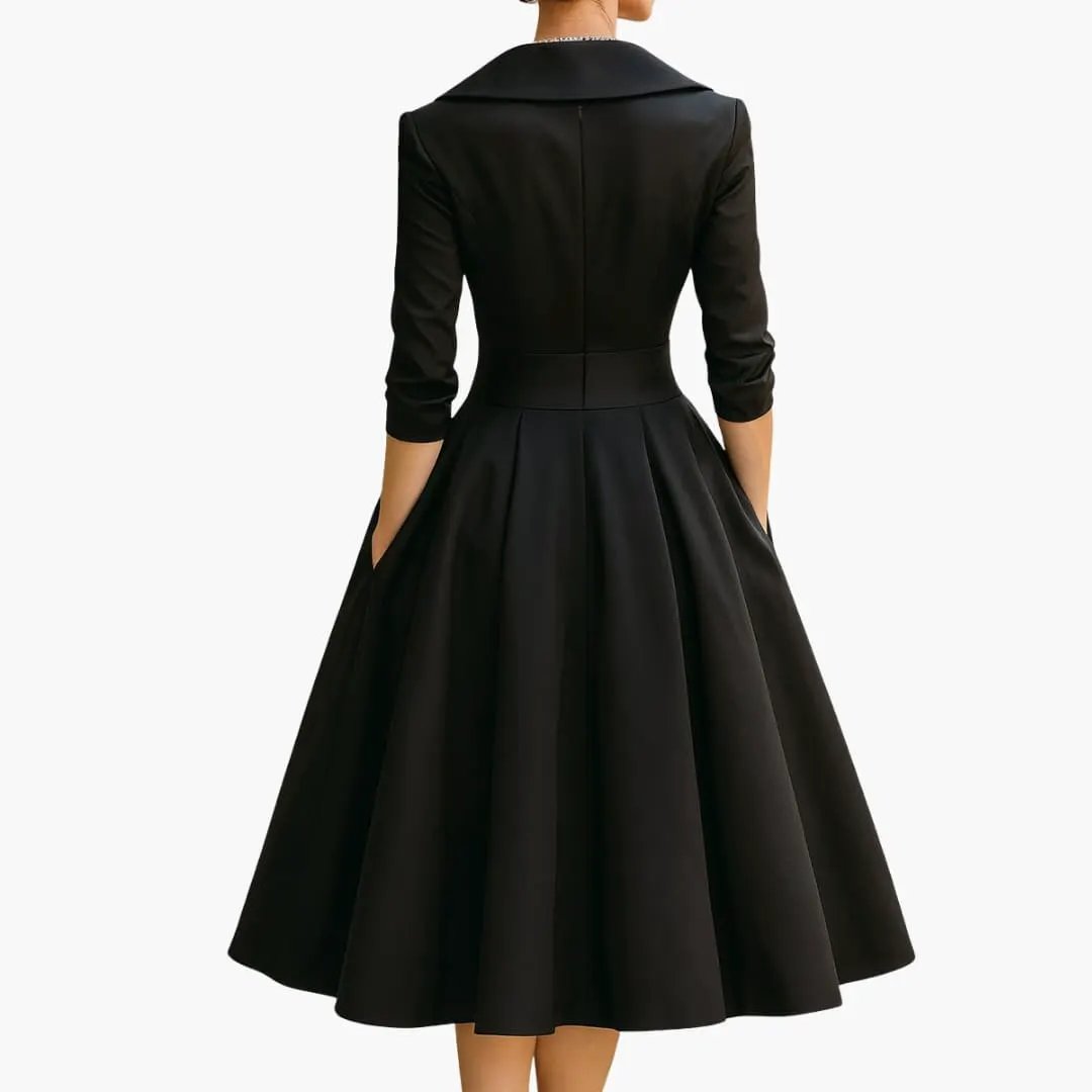 Women’s Long Sleeve Midi Dress with Fitted Waist Mid-Calf Dress