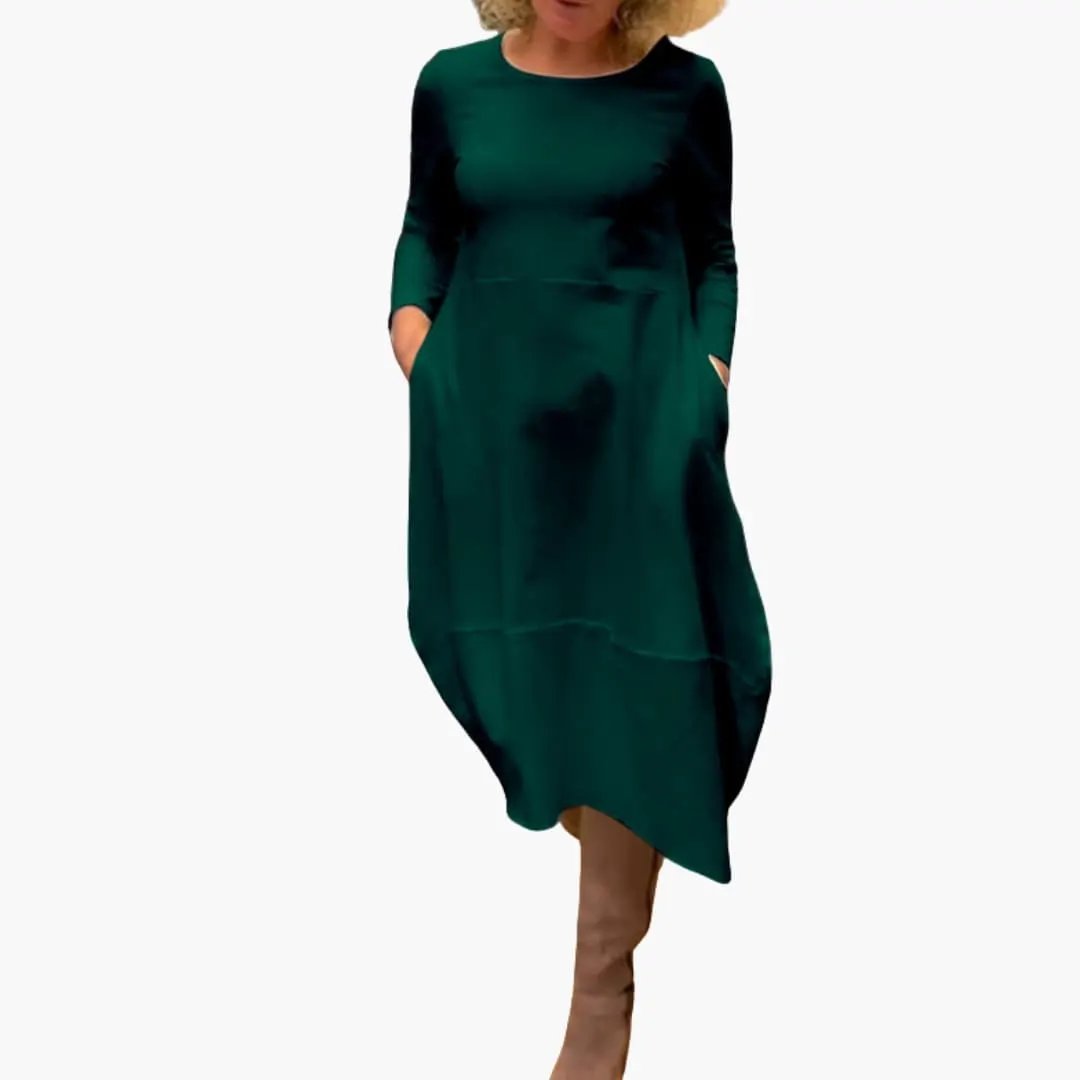 Women’s Long Sleeve Midi Dress with Round Neck and A-Line Skirt