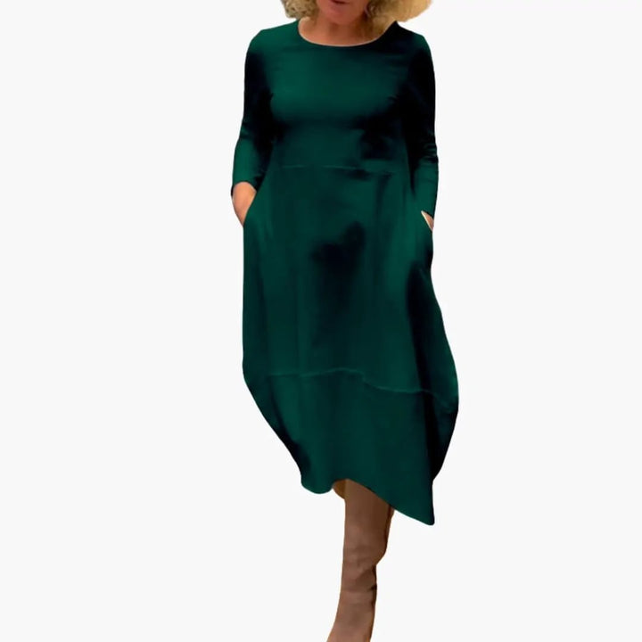 Women’s Long Sleeve Midi Dress with Round Neck and A-Line Skirt