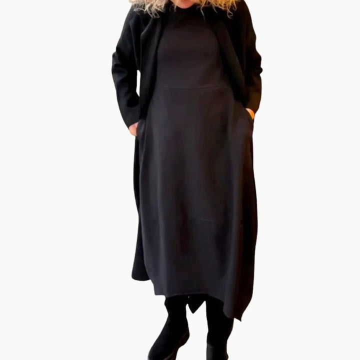 Women’s Long Sleeve Midi Dress with Round Neck and A-Line Skirt