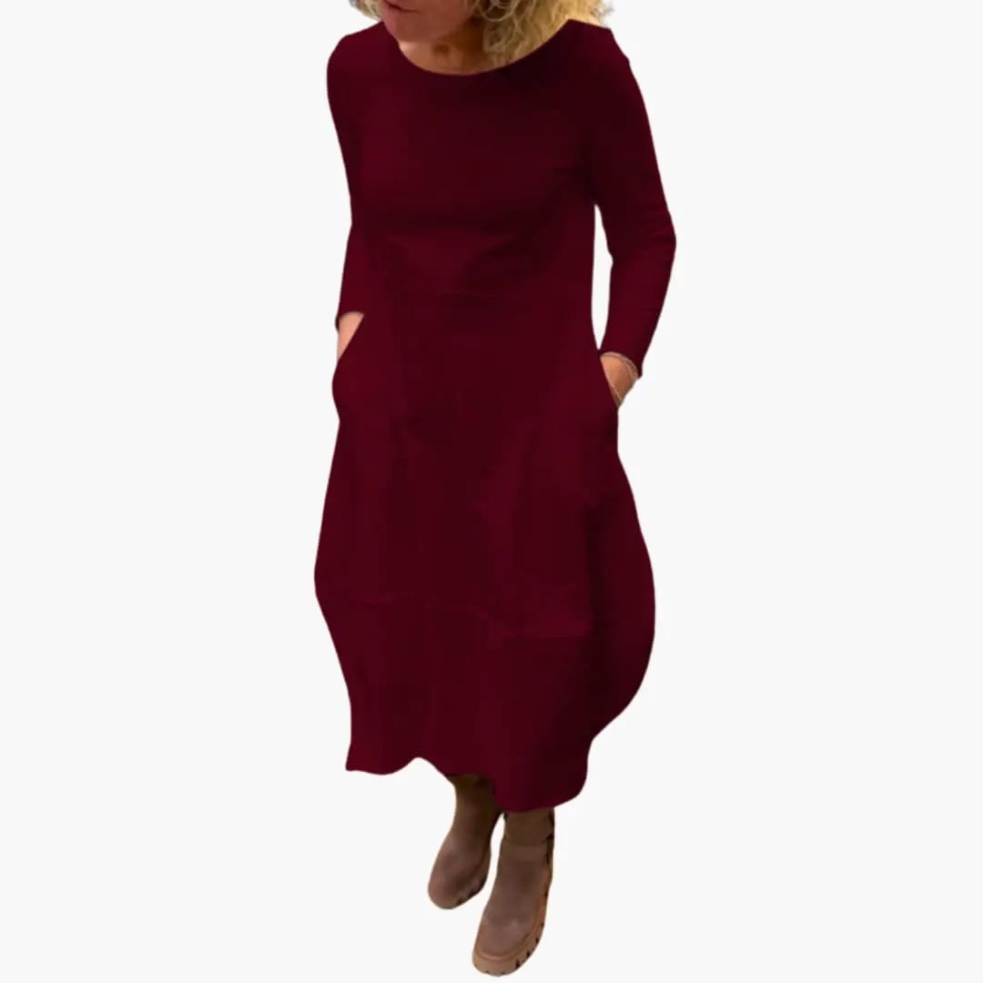 Women’s Long Sleeve Midi Dress with Round Neck and A-Line Skirt