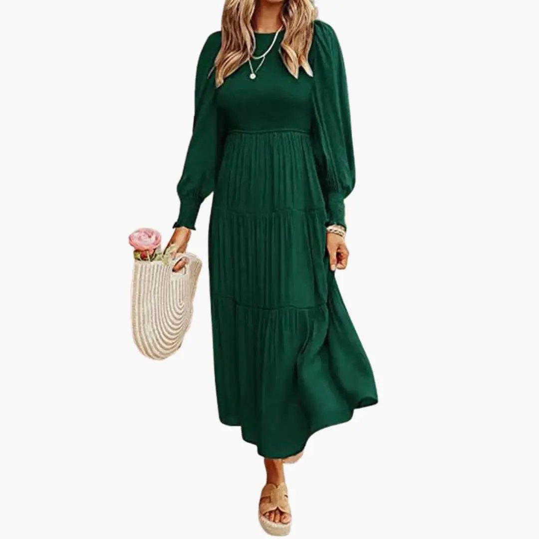 Women’s Long Sleeve Midi Dress with Tiered Skirt and Round Neck