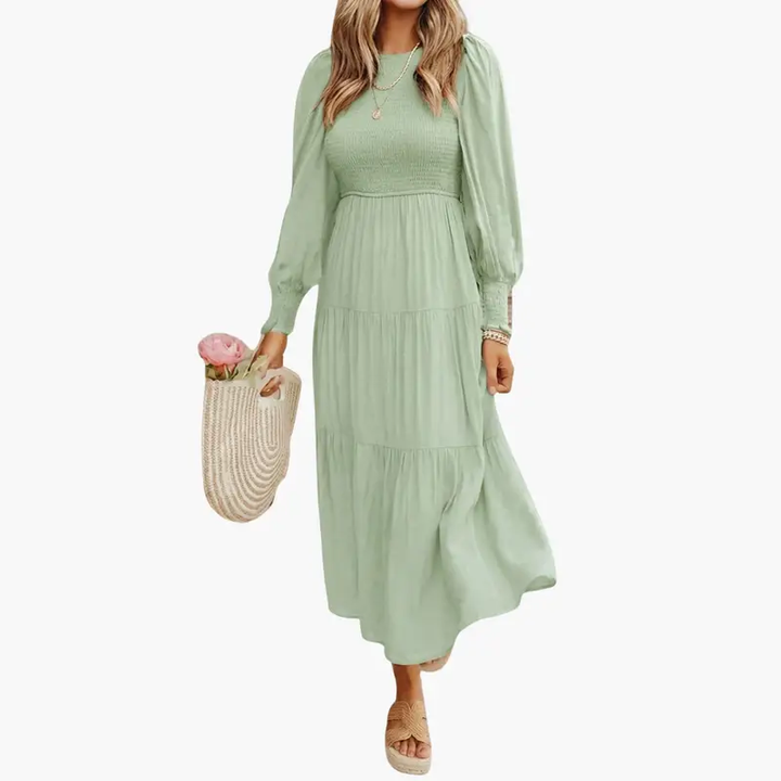 Women’s Long Sleeve Midi Dress with Tiered Skirt and Round Neck