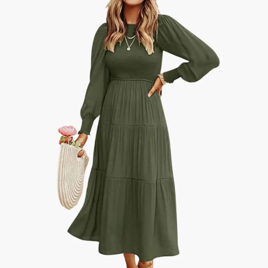 Women’s Long Sleeve Midi Dress with Tiered Skirt and Round Neck