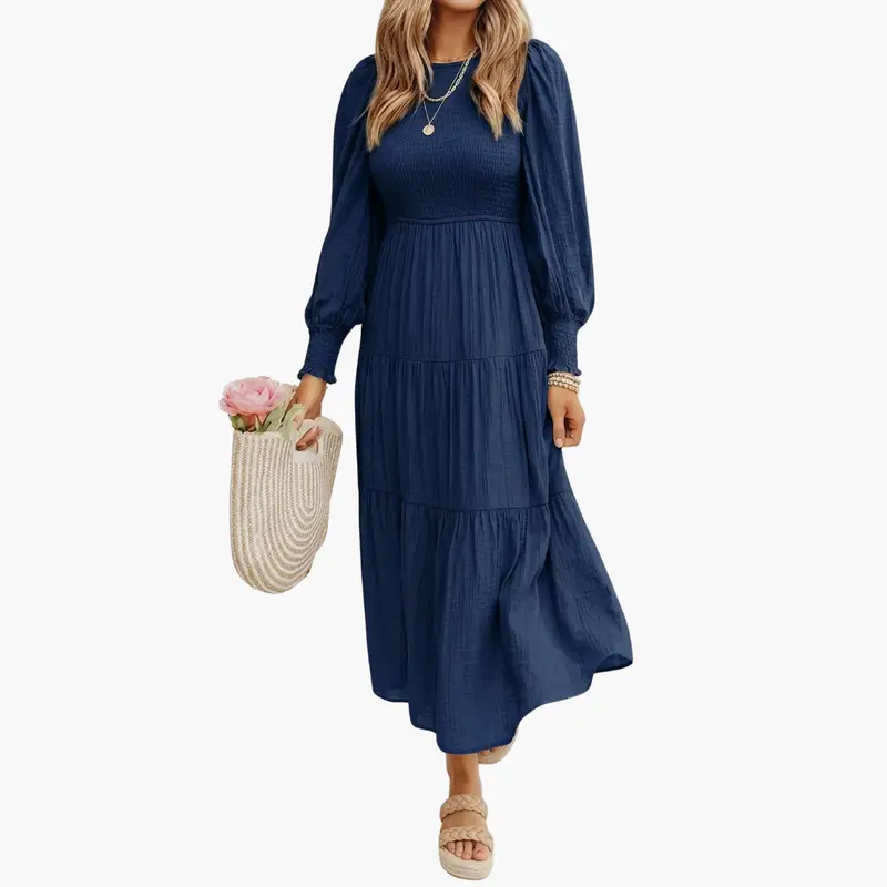 Women’s Long Sleeve Midi Dress with Tiered Skirt and Round Neck