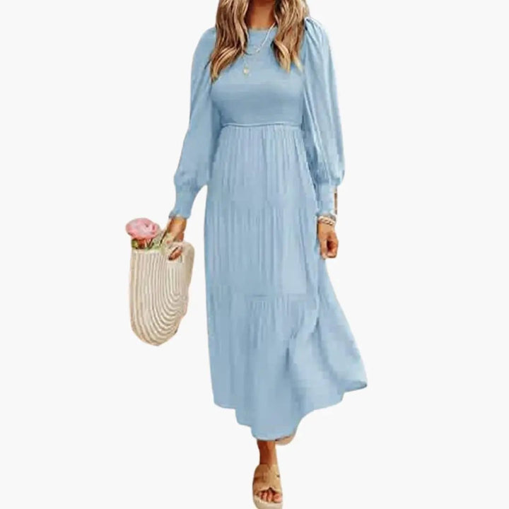 Women’s Long Sleeve Midi Dress with Tiered Skirt and Round Neck