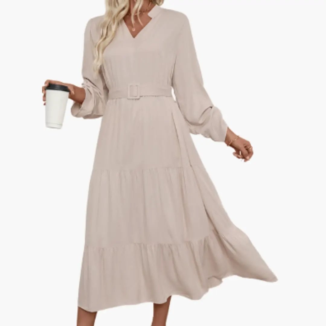 Women’s Long Sleeve Midi Dress with Tiered Skirt and Round Neck