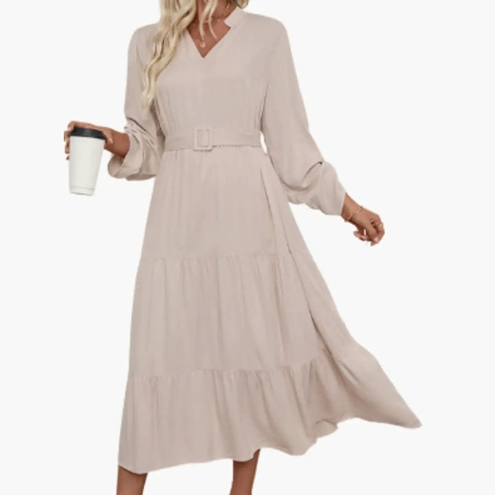 Women’s Long Sleeve Midi Dress with Tiered Skirt and Round Neck