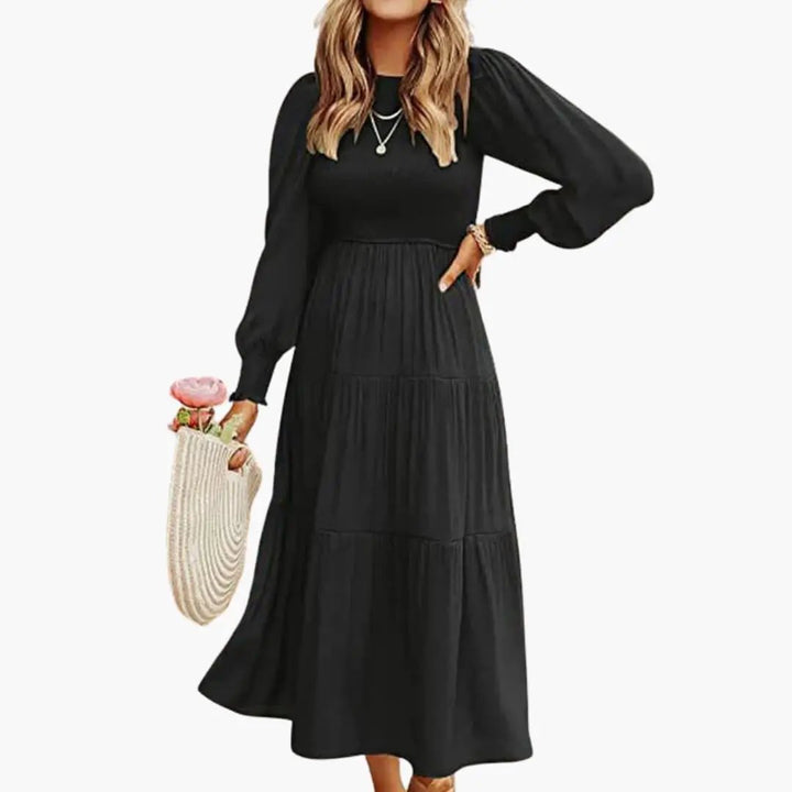 Women’s Long Sleeve Midi Dress with Tiered Skirt and Round Neck