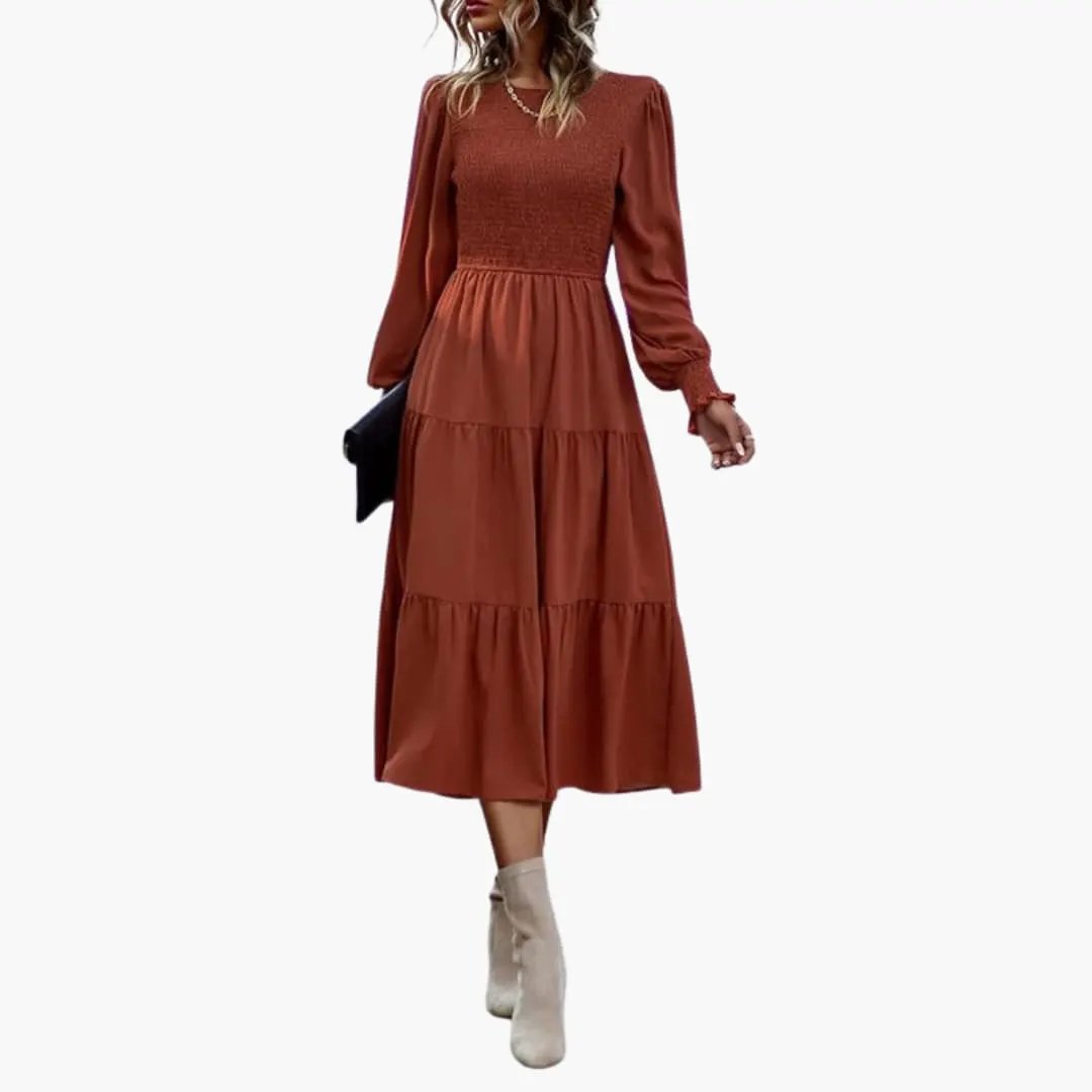 Women’s Long Sleeve Midi Dress with Tiered Skirt and Round Neck